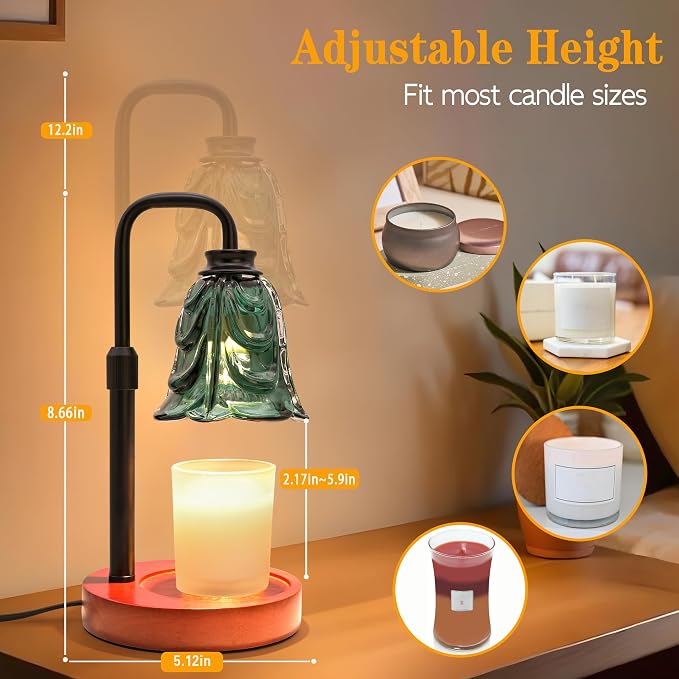 XJZJY Candle Warmer Lamp with Timer Dimmer, Adjustable Height Green Tulip Candle Wax Warmer, Christmas Birthday Gift for Mom Women, House Warming Gifts for New Home Bedroom Decor,Emerald Green