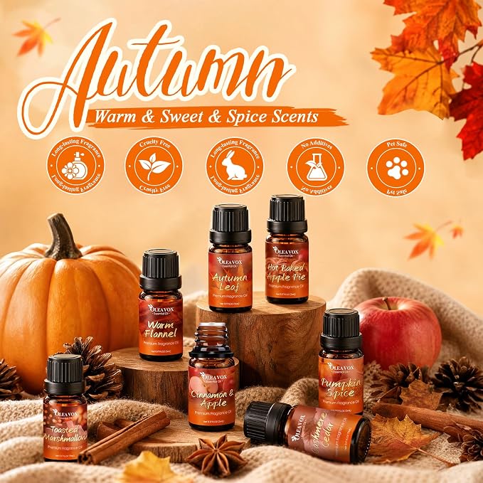 Autumn Fragrance Oil Gift Set，Fall Essential Oils for Diffuser, Scents for Candle Soap Making, Cinnamon & Apple,Pumpkin Spice, Huckleberry Harvest, Cashmere Cedar, Leaf More 10x5ml Aromatherapy Oils