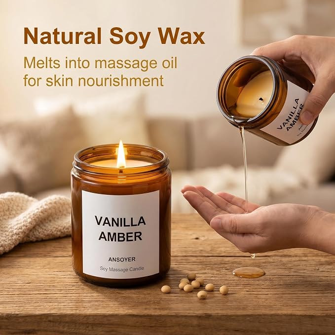 Massage Candle for Relaxation – 7oz Massage Oil Candle with Sweet Almond Oil – (Vanilla Amber)