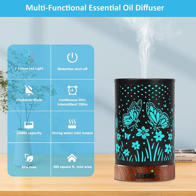 Essential Oil Diffuser - 150ML Metal Aromatherapy Diffuser for Essential Oils with 7 Colors Lights Gifts for Mom Auto Shut-Off & Ultrasonic Cool Mist Diffuser, Ambience for Home