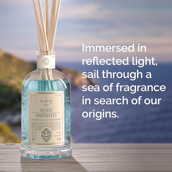 Logevy Firenze 1965 Mare Infinito – Infinite Sea Luxury Home Fragrance Diffuser from Master Perfumer in Italy with Refreshing Notes in Elegant Glass Bottle with 10 Natural Bamboo Reeds – 250ml