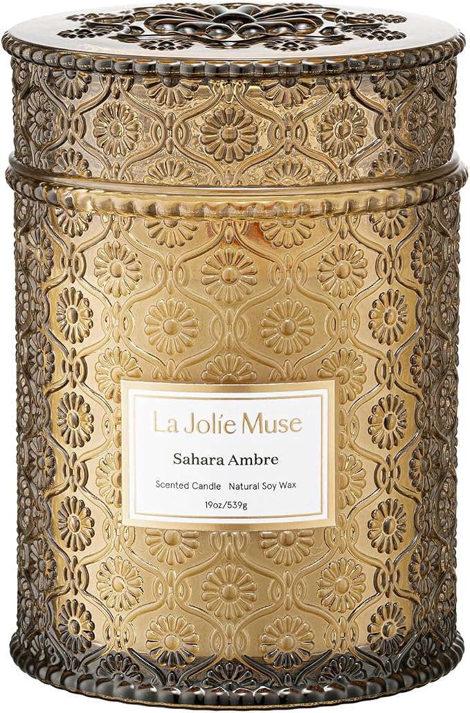 LA JOLIE MUSE Sahara Amber Scented Candles for Home, 19 oz Natural Soy Wax | Large Jar Luxury Candle, Clean Non Toxic, Gifts for Women & Men, Decorative Candles, Wood Wick, Bergamot, Musk & Patchouli