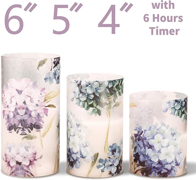 Hydrangea Flameless Candles with Remote Blinks Glass Real Wax LED Candles - Home Party Wedding Romantic Love Theme Summer Holiday Decor - Set of 3