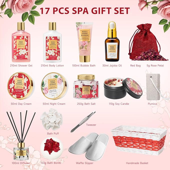 17Pcs Spa Gifts Bath Skin Care Set Relaxing Rose Spa Gift Baskets for Women