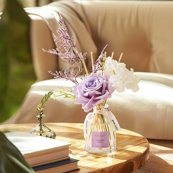 Airkeep Flower Reed Diffuser Set, Lavender Garden Diffuser Gift Set,4.06 fl oz Essential Oil Sticks Diffusers for Bathroom Air Freshener, Aromatherapy Home Fragrance for Shelf Decor, Gift for Women