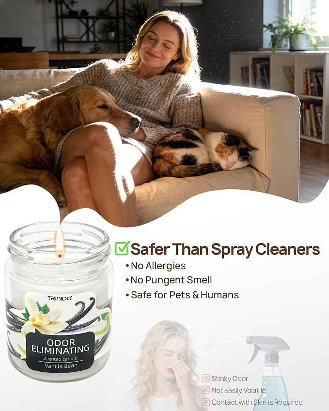 TRINIDa Vanilla Bean Odor Eliminating Candles for Home Scented, Eliminates 99% of Pet, Smoke, Food and Other Smell Quickly, Highly Fragranced Scented Candle, Premium Soy Candle Set for Women