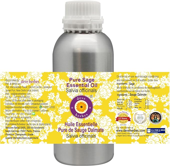 Deve Herbes Pure Sage Essential Oil (Salvia officinalis) Steam Distilled 300ml (10 oz)