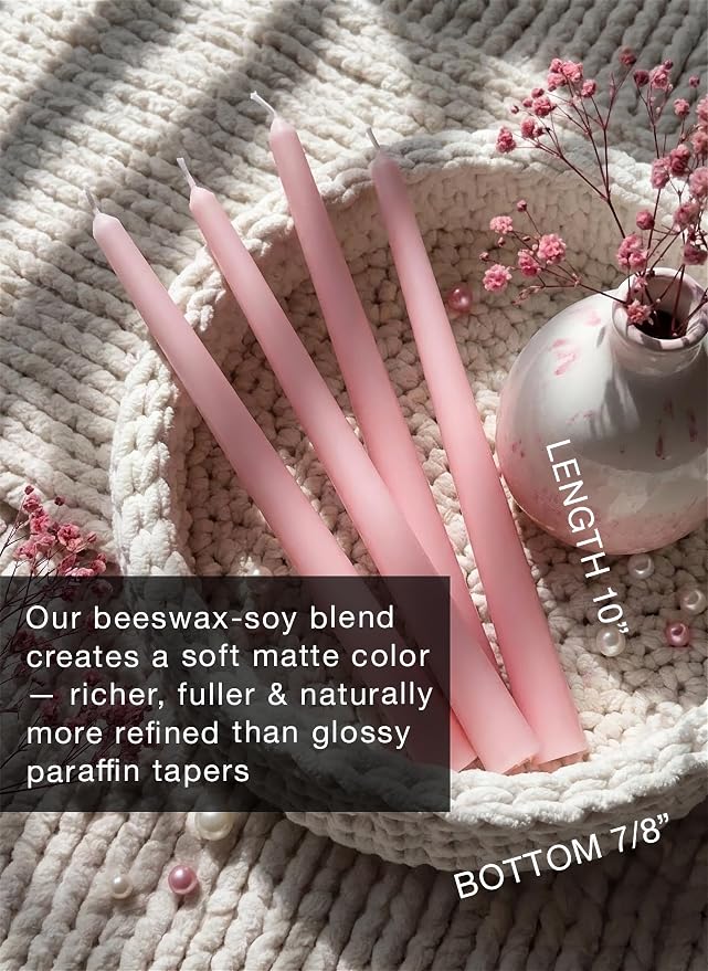 6 PK 10" Classic Taper Candles, Blush Pink, 7-8 Hours Long Burning, Unscented Tall Candlesticks
