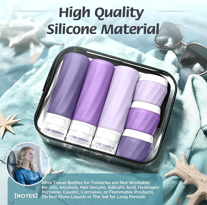 6Pcs Travel Bottles for Toiletries, TSA Approved Travel Size Toiletries Containers Set, BPA-FREE Silicone Leak Proof Refillable Bottles and Jars, Women & Men Airplane Cruise Essentials Kit (PURPLE)