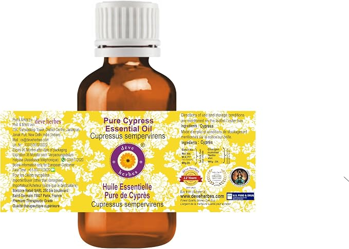 Deve Herbes Pure Cypress Essential Oil (Cupressus sempervirens) Steam Distilled (Pack of Three) 100ml X 3 (10 oz)