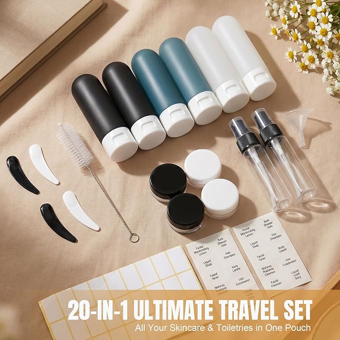 DEWSENSI 20 Pack Travel Bottles Set for Toiletries TSA Approved Leak Proof Travel Size Containers Kit Portable Refillable Travel Accessories for Shampoo Conditioner Lotion Liquids (Dark Color)