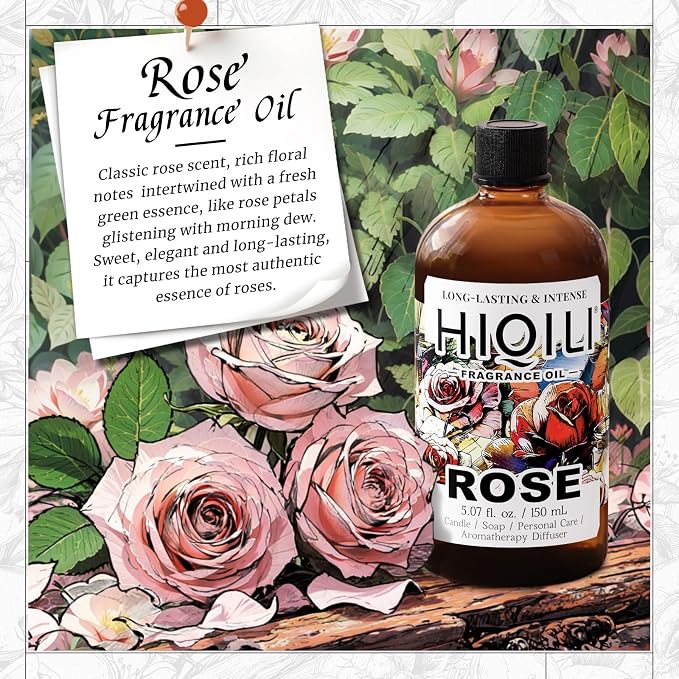 HIQILI Rose Fragrance Oil for Candle & Soap Making, Essential Oil Diffuser, Floral Scents, Add to Laundry Dryer Balls - 5.07 Fl Oz