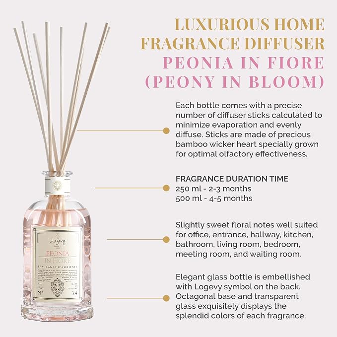 Logevy Firenze 1965 Peonia in Fiore – Peony in Bloom Luxury Home Fragrance Diffuser from Master Perfumer in Italy with Sweet Floral Notes in Elegant Glass Bottle with 12 Natural Bamboo Reeds – 500ml