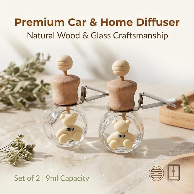 2 Pack Bear Car Vent Clip Diffuser Refillable Glass Bottle | Wood cap glass bottle with dropper, DIY essential oil freshener for car wardrobe bathroom home