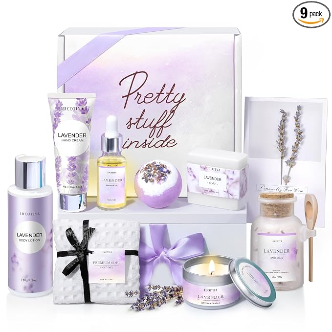 Gifts for Women, Birthday Gifts for Women, 9pc Lavender Bath and Body Gifts Set, Self Care Gifts Spa Gifts Basket, Relaxing Bath Sets for Mom, Girlfriend, Sister, Female Friends, Coworker