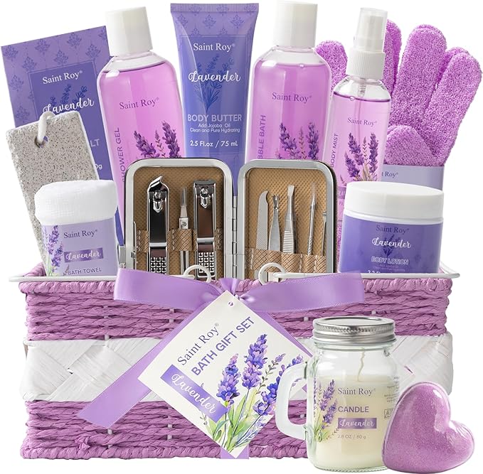 21Pcs Spa Gift Set Bath and Body Gift Basket Set Care Kit, Spa Bath Basket | Lavender Home Spa Gifts for Woman Body Care Set, Relaxing Sets for Women & Men, Spa Kit, Birthday, Christmas, Anniversary
