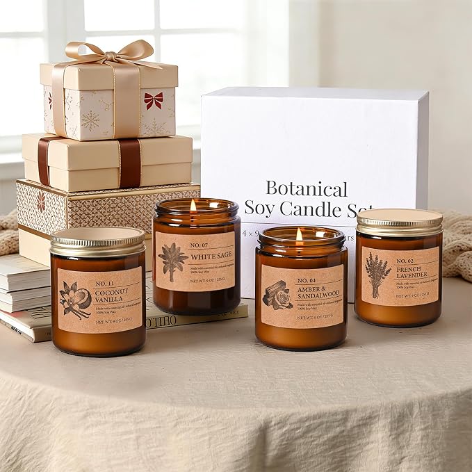 Soy Candles Set of 4, 9oz Natural Soy Wax Aromatherapy Candles, Home Scented Candles with 4 Scents (Lavender, Amber Sandalwood, White Sage, Coconut Vanilla), Gifts for Mom, Women, Relaxation, Yoga