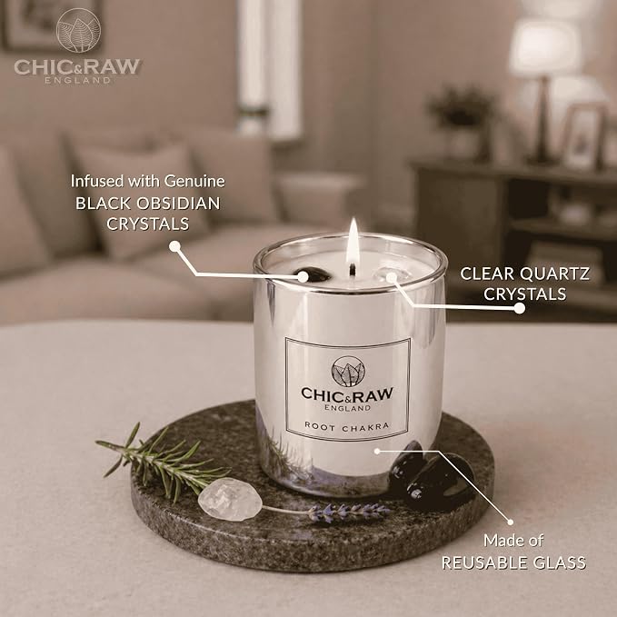 Aromatherapy Candle Third Eye Chakra Crystal Candle with Clear Quartz and Black Obsidian - Luxury Long-Lasting Burn Soy Wax, Infused Elderflower & Grapefruit, Clarity & Protector, 7.05oz