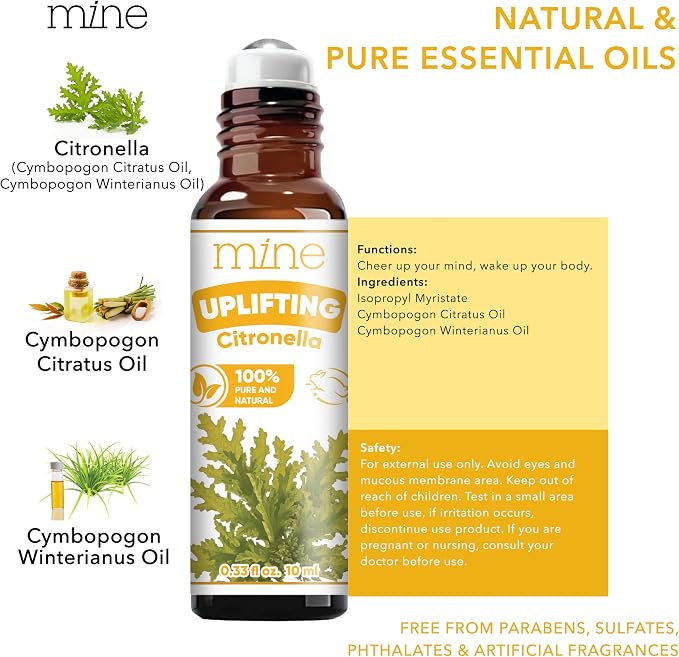 Mine Citronella Oil Roll On - 100% Natural Citronella Essential Oil for Skin, Roller for Outdoor Camping, Hiking, Picnics, Travel