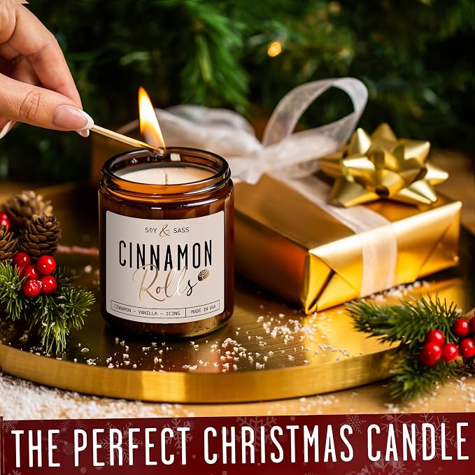 Cinnamon Candle, Fall Candles, Christmas Candles - 'Cinnamon Rolls' Autumn Scented Soy Candle for Home, 9oz Reusable Jar, 50Hr Burn, Made in USA