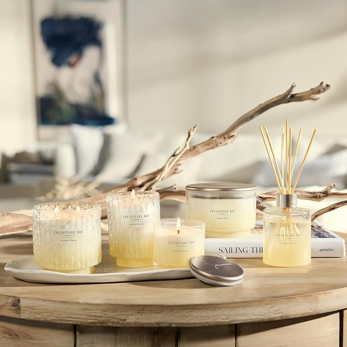 Chesapeake Bay, 8oz Golden Waves Scented Candle, Mood Evoking Fragrance, Textured Sea Glass-Inspired Jar, Premium Soy Blend Wax with Essential Oils, Coastal Fragrance for Home Décor or Gifting