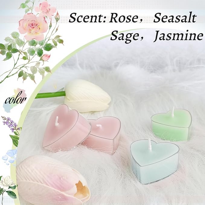 Scented Heart Tealight Candles, Pastel Candy Color Scent Tea Lights Candles Clear Cup, 24 Pack Colored Tealights Candle, 4 Hour Burn Time Candles for Weddings Romantic Decor