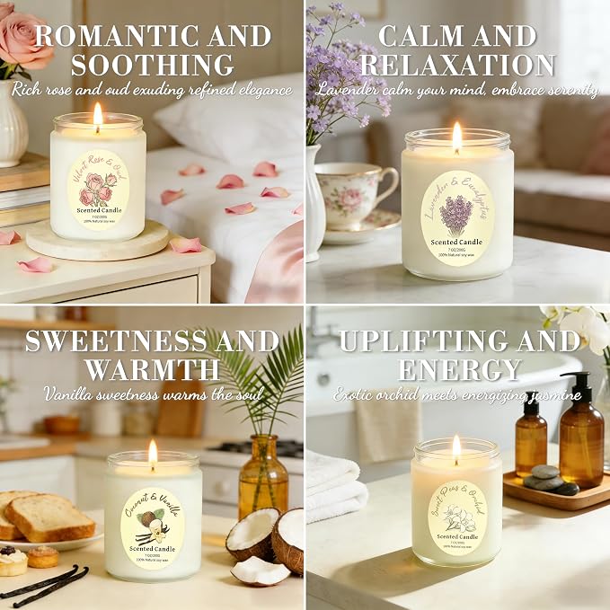 Scented Candles Gift Set 4 Pack, Soy Wax Aromatherapy Candles with Lavender Rose Coconut Vanilla, Long Lasting 200 Hours Burn, Non Toxic Home for Birthday Bath, Relaxation,Mothers Day, Gifts for Women