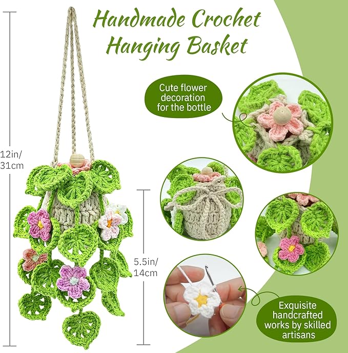 Crochet Car Air Freshener, 15ml Empty Refillable Oil Diffuser Bottle with Hanging Crochet Flowers Plant for Car Rearview Mirror Decor Air Freshener Diffuser for Home, and Office Decor(Flowers)