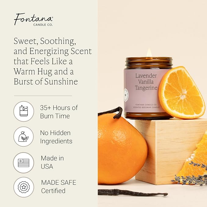 Fontana Candle Co Wood Wick Beeswax Jar Candle, Lavender Vanilla Tangerine – Made Safe with Coconut Oil & Pure Essential Oils – 35+ Hrs Clean Burn, Long Lasting and Non-Toxic Candles for Home & Room