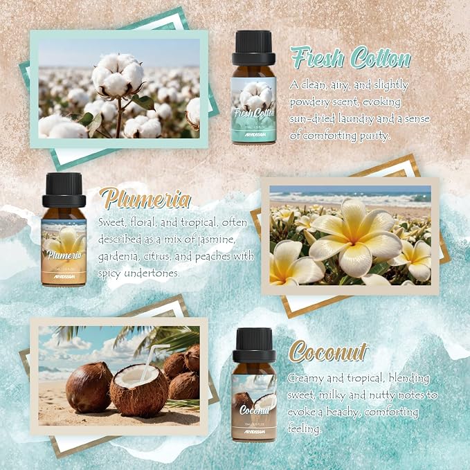 ARVIDSSON Summer Essential Oils Set, Tropical Fragrance Oil for Diffuser, Soap and Candle Making - Ocean Breeze, Pina Colada, Fresh Cotton, Pink Sand, Plumeria, Coconut, Scented Oil for Home