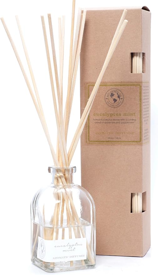 ECO CANDLE CO. Reed Diffuser Set, Eucalyptus Mint, 4 oz. - Scents of Eucalyptus, Spearmint, & Peppermint - Premium Fragrance and Essential Oil Blends, Clear Glass, 12 Reed Sticks, Recycled Kraft Box