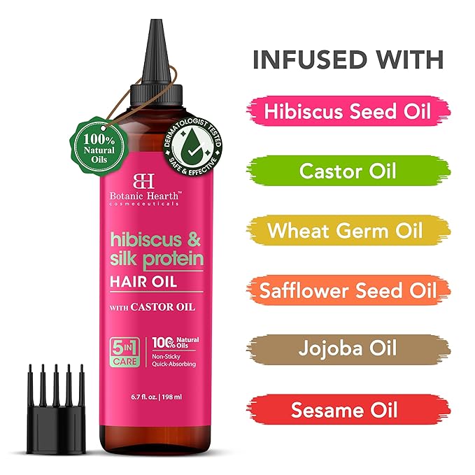 Botanic Hearth 100% Pure Hibiscus Silk Protein Oil For Hair Growth & Hair Treatment Oils 6.7 Fl oz|Infused with coconut Oil|Hair Oil Repairs Dry Damaged Hair, Strengthening, Healthier|All Hair Types