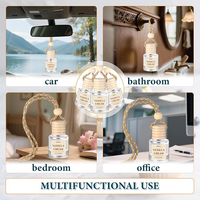 Hanging Car Air Freshener (Pack of 3) : Luxury Car Perfume for Women Men | Cute & Reusable Bottle with 45+ Days Long-Lasting Fragrance Oil Diffuser, Vanilla Cream