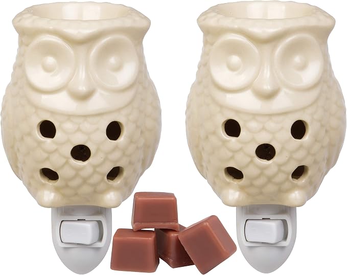 Owl Plug-in Fragrance Wax Melt Warmers (2Pk)- Electric Scented Candle Tart Warmer w 4 Cinnamon Cubes- Halogen Bulb Melts Wax & Fills Room w Fresh Scents & Night Light Glow- Holiday Xmas Must Have Gift