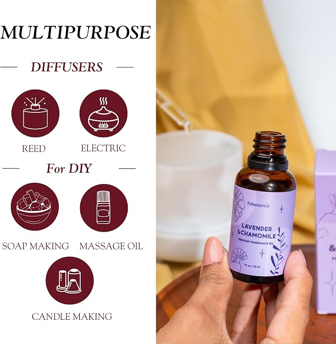 Folkulture Lavender & Chamomile Essential Oil Blend | 30 ml - 1.01 Fl Oz Fragrance Oil | Diffuser Oils for Humidifier for Better Sleep, Reset, Stress Relief, Calming, Relaxing | House Warming Gifts