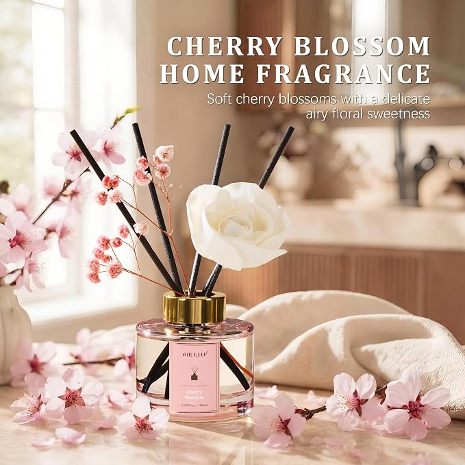Airkeep Flower Reed Diffuser Set, Cherry Blossom Diffuser Set, 5.07 Fl.oz (150ml), Home Fragrance, Bathroom, Bedroom & Home Décor, Air Freshener