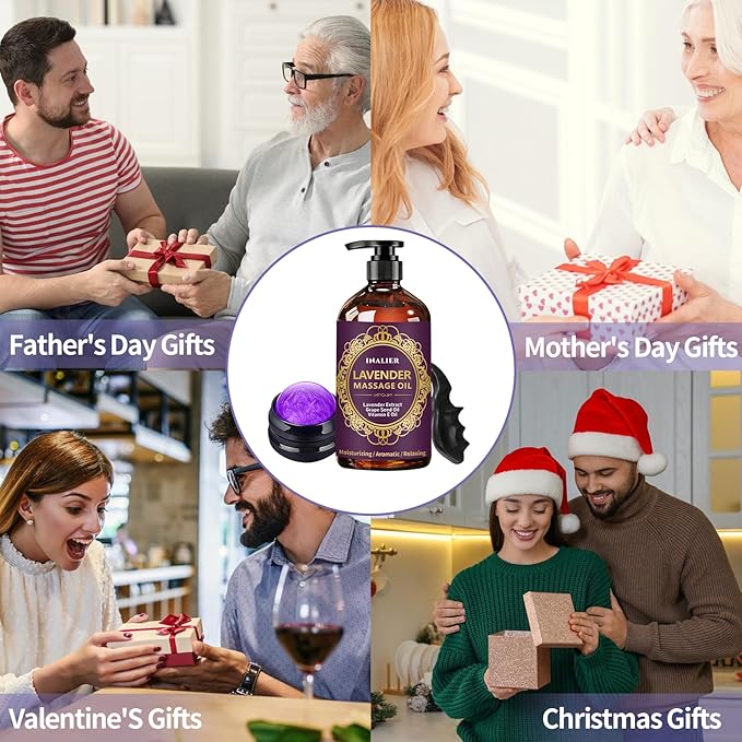 Massage Oil for Massage Therapy,﻿Lavender Oil with Massage Roller Ball & Thumb Saver,SPA Relaxing Oi for Soothing,Massage Kit Spa Gifts for Him Her,Gifts for Men Women