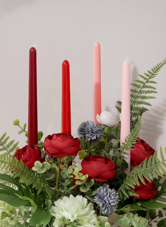 10" Classic Taper Candles, Red & Pink Shades, 4-Pack, 7-8 Hours Long Burning, Unscented Tall Candlesticks