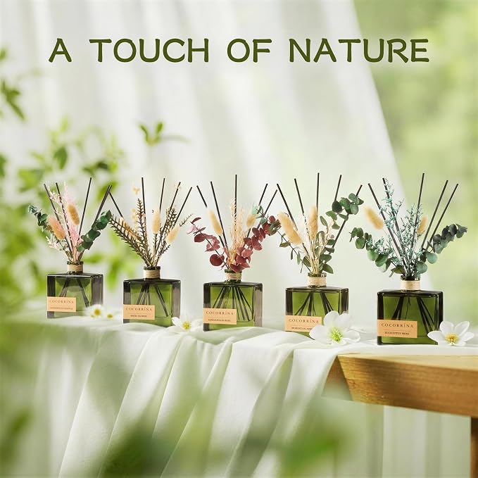 COCORRÍNA Reed Diffuser, 6.76 oz Lavender Eucalyptus Scent Reed Diffuser with 6 Sticks & Dried Flowers, Long Lasting Elegant Fragrance Home Décor for Bathroom Bedroom Office