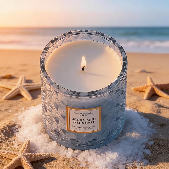Ocean Candles Sea and Salt Candle with up to 55 Hour Long Lasting, Highly Scented, Luxury Air Freshening Jar Candles - Perfect Home Decor, Natural Soy Wax, Beach Candle, 8.1oz