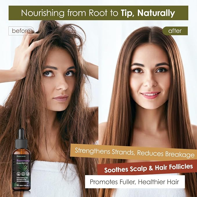 Rosemary Essential Oil for Hair Growth & Scalp Care, 60ml | Plant-Based Nourishing Oil, Daily Scalp Massage, Stronger & Smoother Hair, Paraben-Free