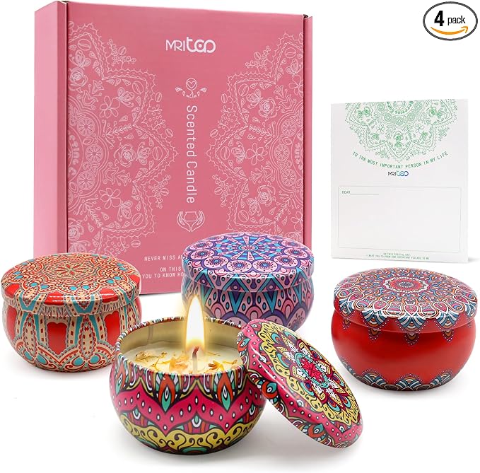 Scented Candles Gift Set for Women 4 Pack Soy Wax Candles with Dried Flowers Reusable Tin Aromatherapy Relaxation Gift for Birthday Mothers Day Valentines Day