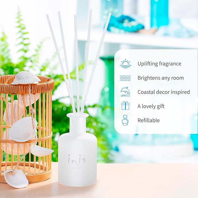 Inis the Energy of the Sea - Reed Diffuser Set with Fragrance Oil, Glass Bottle and Fibre Reeds, Clean Ocean Fresh Aquatic Home Fragrance for Living Room, Bathroom and Bedroom