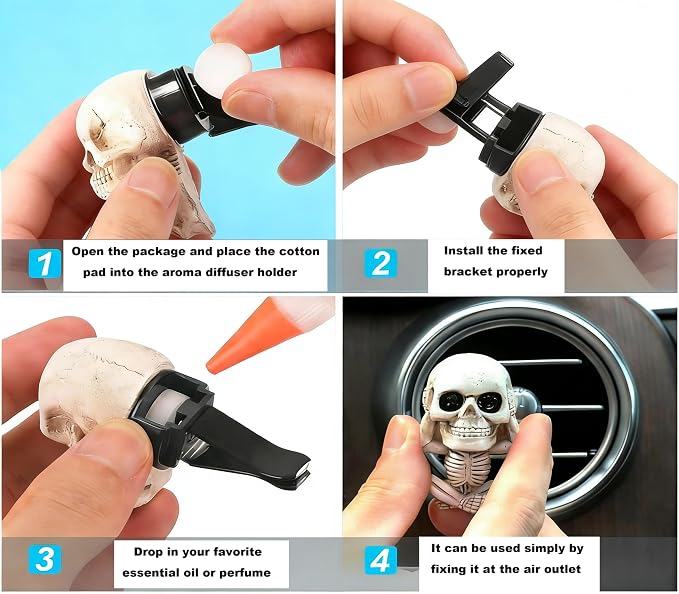 3Pcs Gothic Skull Car Vent Clip Freshener with Felt Scent Pads | Resin skull vent diffuser controls odors, fits car bathroom, Halloween gothic decor gift for teens adults