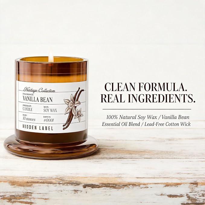 Hidden Label Vanilla Bean Scented Candle - 10oz Non Toxic Candles for Home Scented with Clear Bell Jar, Natural Soy Wax Clean Burning Aromatherapy Candle for Spa/Yoga/Meditation & Stress Relief Gifts