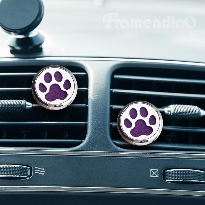 Framendino, 1 Pack Dog Paw Print Essential Car Oil Diffuser Aromatherapy Vent Clip Stainless Steel Air Freshener Lockets for Men Women Gifts Silver