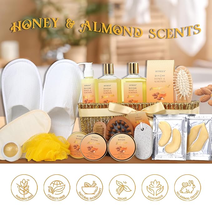 20Pcs Valentines Day Gifts for Women, Honey & Almond Milk Bath & Body Gift Basket, Face Skin Care Kit, Home Spa Gift Set, Self-Care Kit, gold bomb, Birthday, Christmas, Mother Day, Anniversary