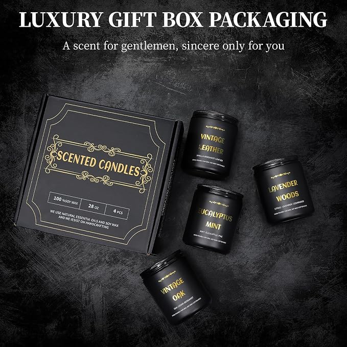 Scented Candles for Men, 4 Pack Mens Candle Set, Soy Candles for Home Scented, Masculine Candle for Him, 28oz, 200 Hours Burning Time Aromatherapy Candles of Lavender/Eucalyptus/Leather/Oak