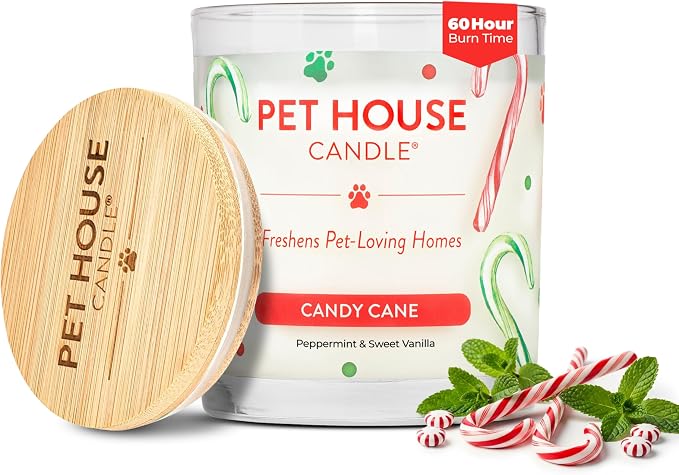 One Fur All Pet Candle 9 OZ Plant-Based Air Freshening Candle, Clean Burning and Long Lasting with a 60 Hour Burn Time - Candy Cane