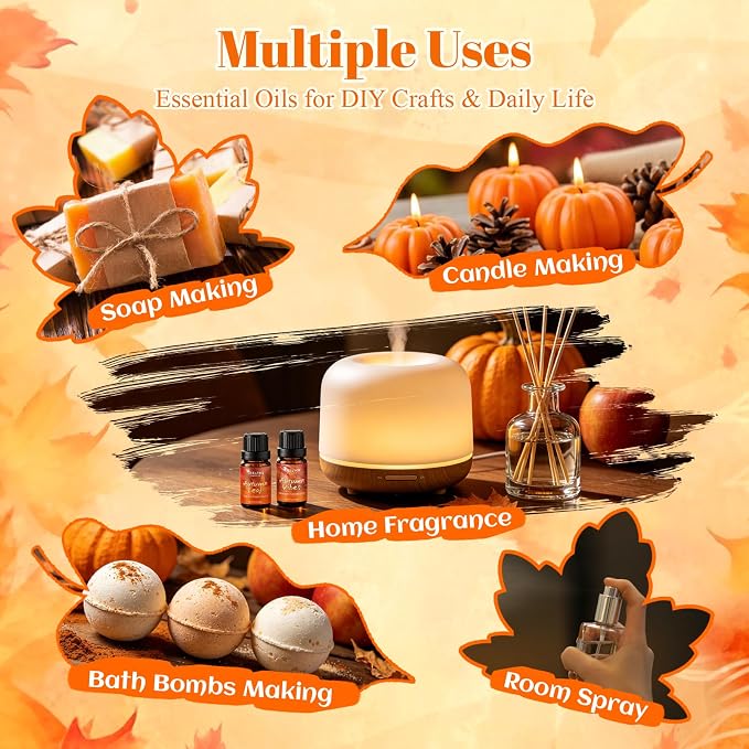Autumn Fragrance Oil Gift Set，Fall Essential Oils for Diffuser, Scents for Candle Soap Making, Cinnamon & Apple,Pumpkin Spice, Huckleberry Harvest, Cashmere Cedar, Leaf More 10x5ml Aromatherapy Oils